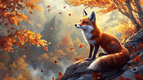 Red fox on rocky ledge in luminous autumn forest valley