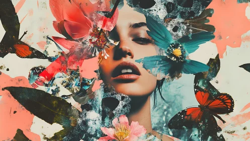 Portrait with butterflies, petals and abstract textures.