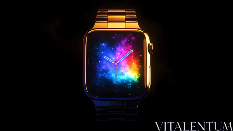 Luxurious gold smartwatch with cosmic galaxy display, digital art.