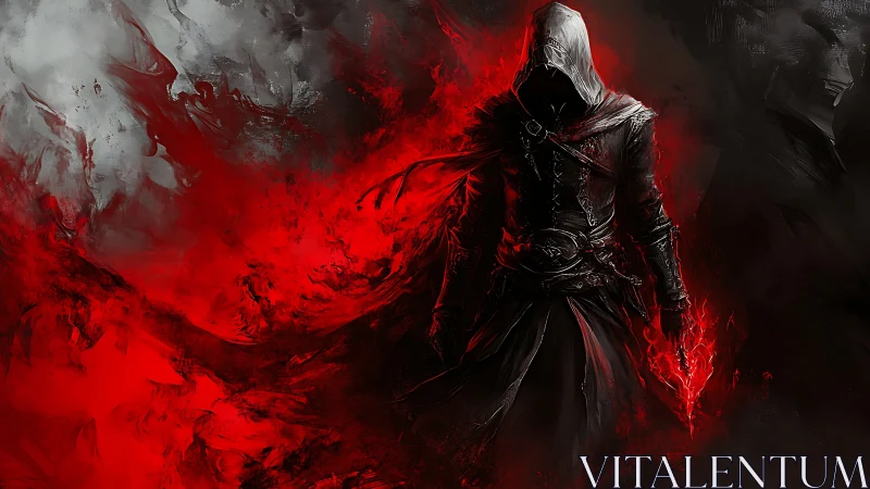 Hooded shadowmancer striding through a storm of red fire.