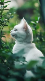 White Feline Specimen in Verdant Environment with Selective Depth.
