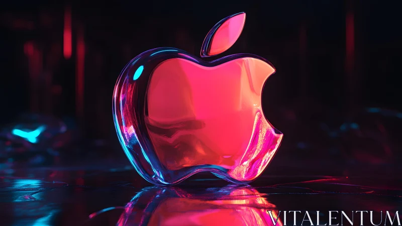 Glass Apple Logo in Neon Lighting, Futuristic Digital Art Style.