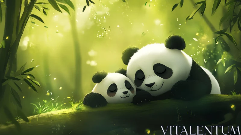 Panda parent and cub sleep on mossy log in soft forest light