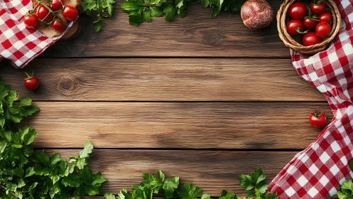 Rustic picnic table with fresh tomatoes and garden herbs.