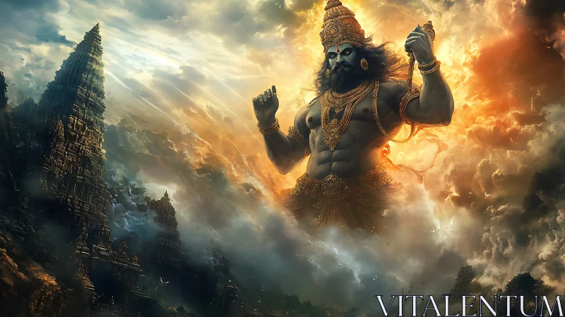 Colossal mythic warrior towers above temple spires in storm clouds