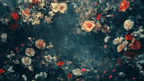 Dark floral background with scattered roses and petals.