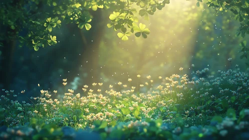 Sunlit forest clearing shows clover foliage and small flowers