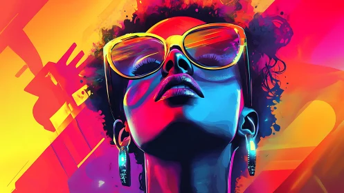 Neon-lit portrait of afro hairstyle woman with reflective glasses