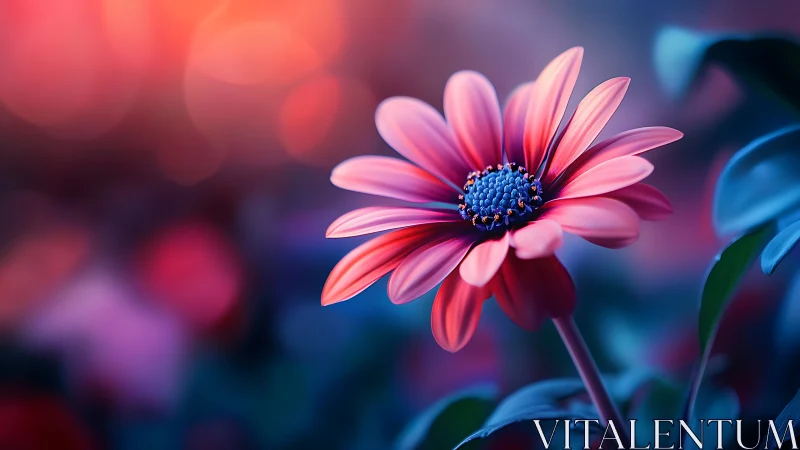 Pink Daisy with Blue Center Against Blurred Gradient Background