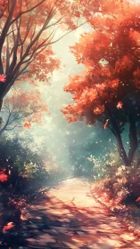Autumn Forest Path with Glowing Red Maple Trees