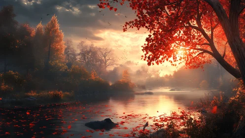 Golden river sunset under a canopy of autumn fire.