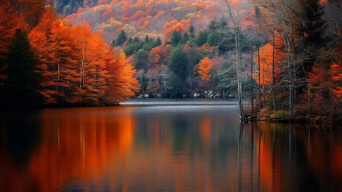 Golden autumn woods glow softly around a peaceful lakeshore