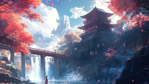 Autumn mountain temple rendered in luminous atmospheric digital style