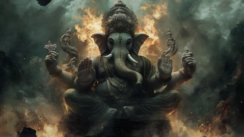 Divine Ganesha in symmetrical fiery mandala composition.