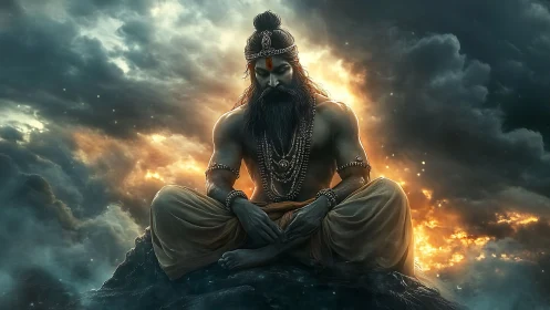 Meditating sage amid storm clouds and radiant backlight.