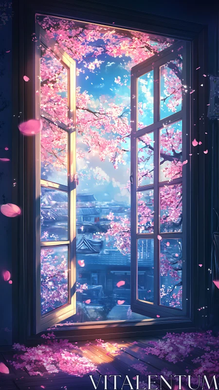 Spring-lit open window framing cherry blossom skyline.