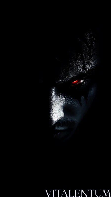 Sinister half-lit face with glowing red eye in darkness.