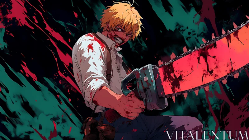 Blood-soaked anime fighter wielding massive chainsaw blade.