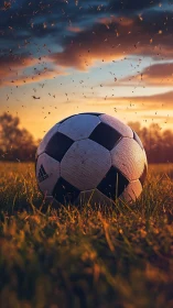 Sunlit soccer ball resting gently on a golden evening field.