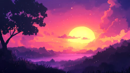 Digital sunset landscape depicts silhouetted foliage and sky