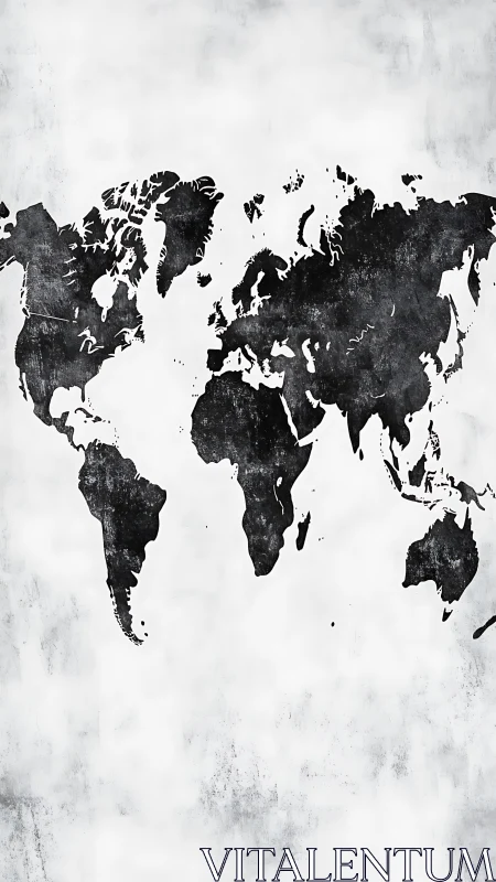 Monochrome world map silhouette on textured white wall.