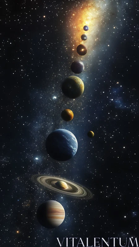 Planets aligned in deep space against bright star field.