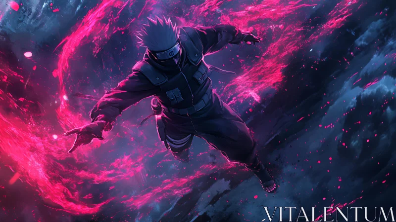 Masked ninja charges through neon vortex in storm sky.