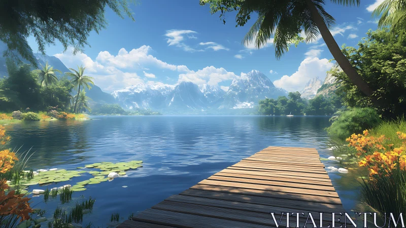 Serene wooden pier leads into a crystal lake beneath mountains