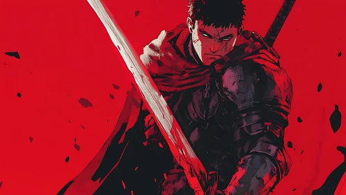 Armored swordsman in red background with dynamic slash.