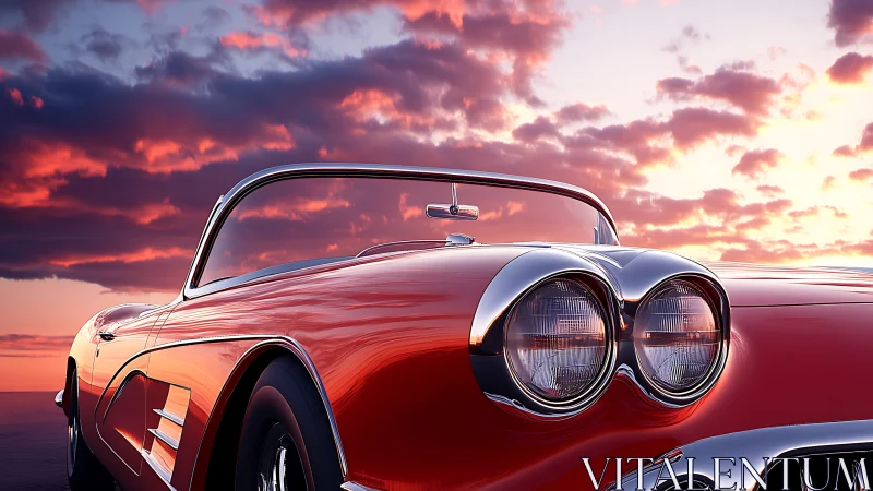 Red classic convertible under vivid sunset sky.