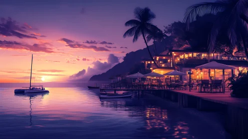 Sunset sailboat drifts beside a glowing tropical marina