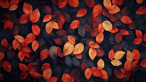 Autumn leaves drift across a dark, moody forest ground.