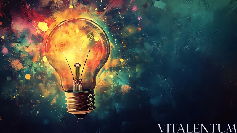 Glowing light bulb over vivid abstract color explosion.