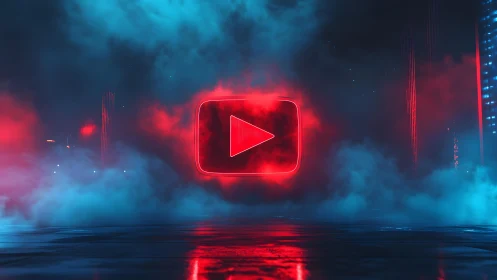 Neon YouTube Logo in Futuristic Cityscape with Colorful Fog.