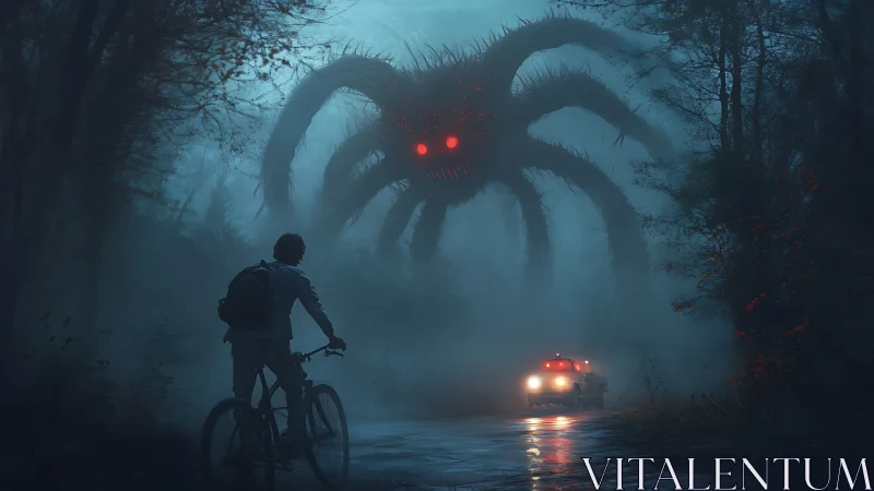 Fog-drenched forest road reveals colossal red-eyed tentacled entity