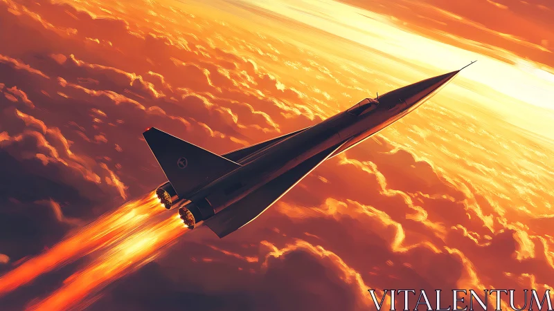 Supersonic jet ascends above clouds with bright exhaust