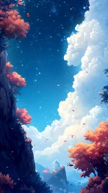 Starry mountain valley glows beneath towering sunset clouds