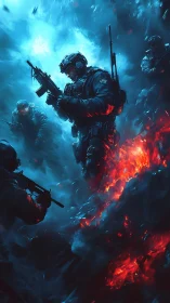 Tactical soldiers in fiery blue battlefield digital painting.