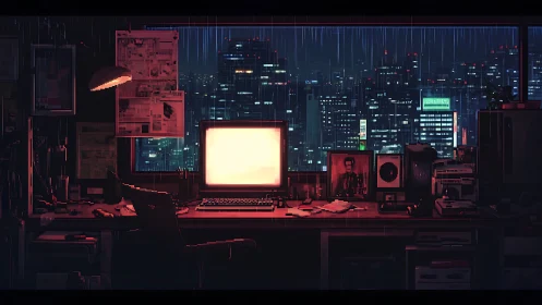 Rain-soaked neon city framed by a lone glowing terminal.