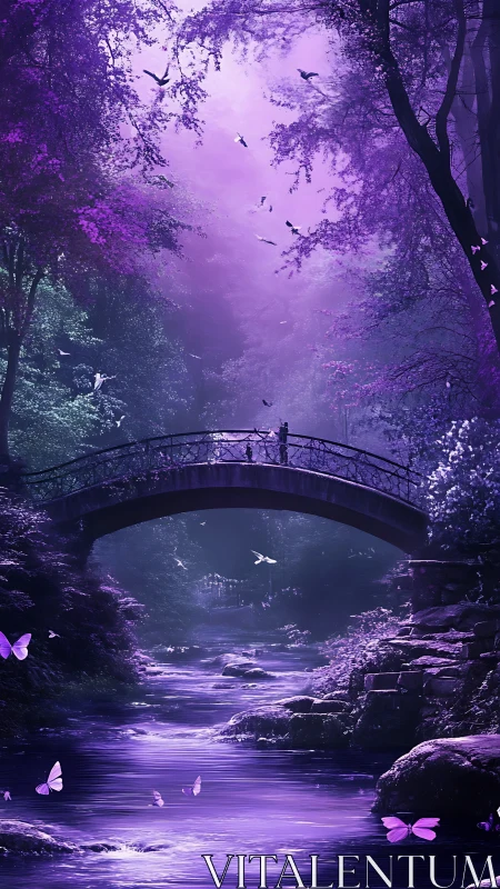 Violet forest bridge over glowing river at twilight.
