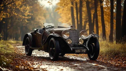 Vintage roadster cuts through misty autumn forest lane.