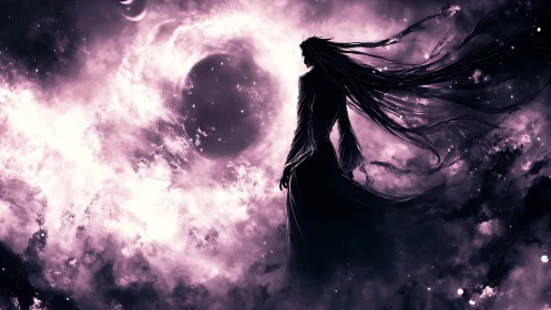 Celestial silhouette confronting turbulent violet cosmic vortex