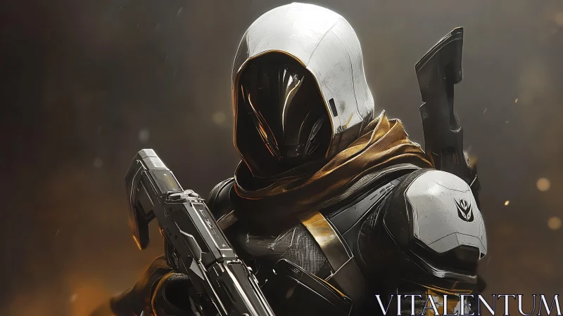 Cybernetic ranger in tactical exosuit, cinematic digital render.