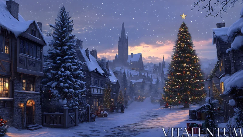 Snow covered village street shows large decorated Christmas tree