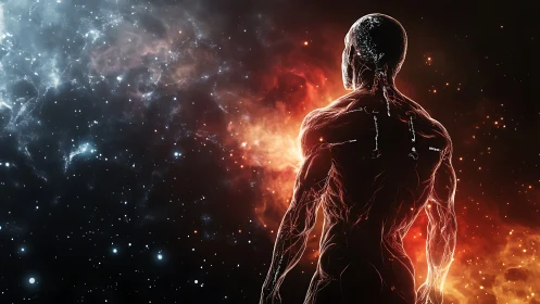 Human silhouette outlined against fiery cosmic nebula.