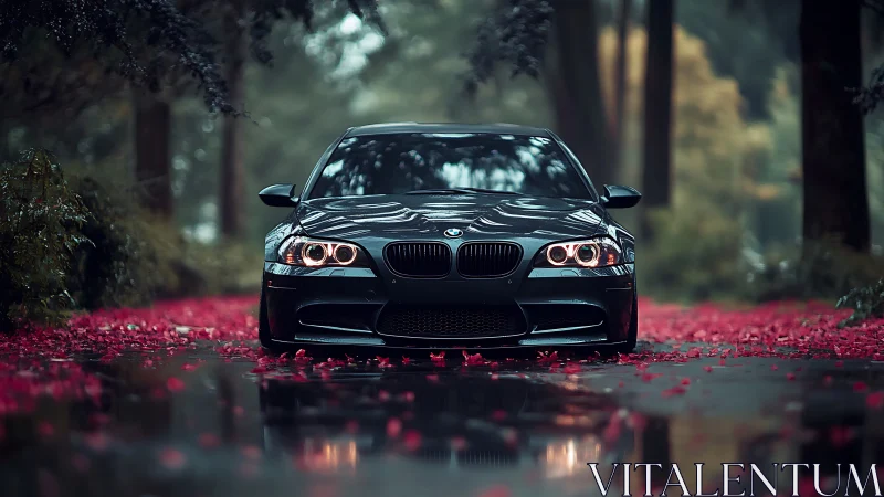 Low-slung black BMW sedan with wet reflections on leaf-strewn road
