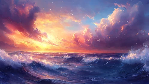 Dramatic sunset sky over rough ocean waves in motion.