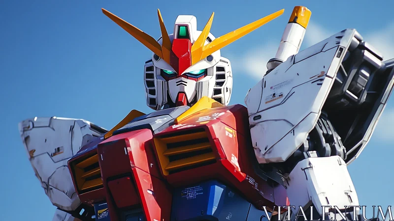 Photorealistic mecha portrait with heroic upward framing.