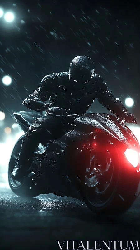 Motorcyclist in black armor on wet city street at night.