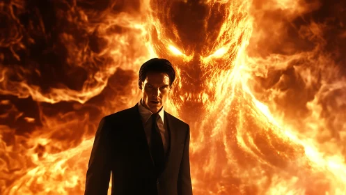 Unfolding fire demon towers behind a calm suited figure